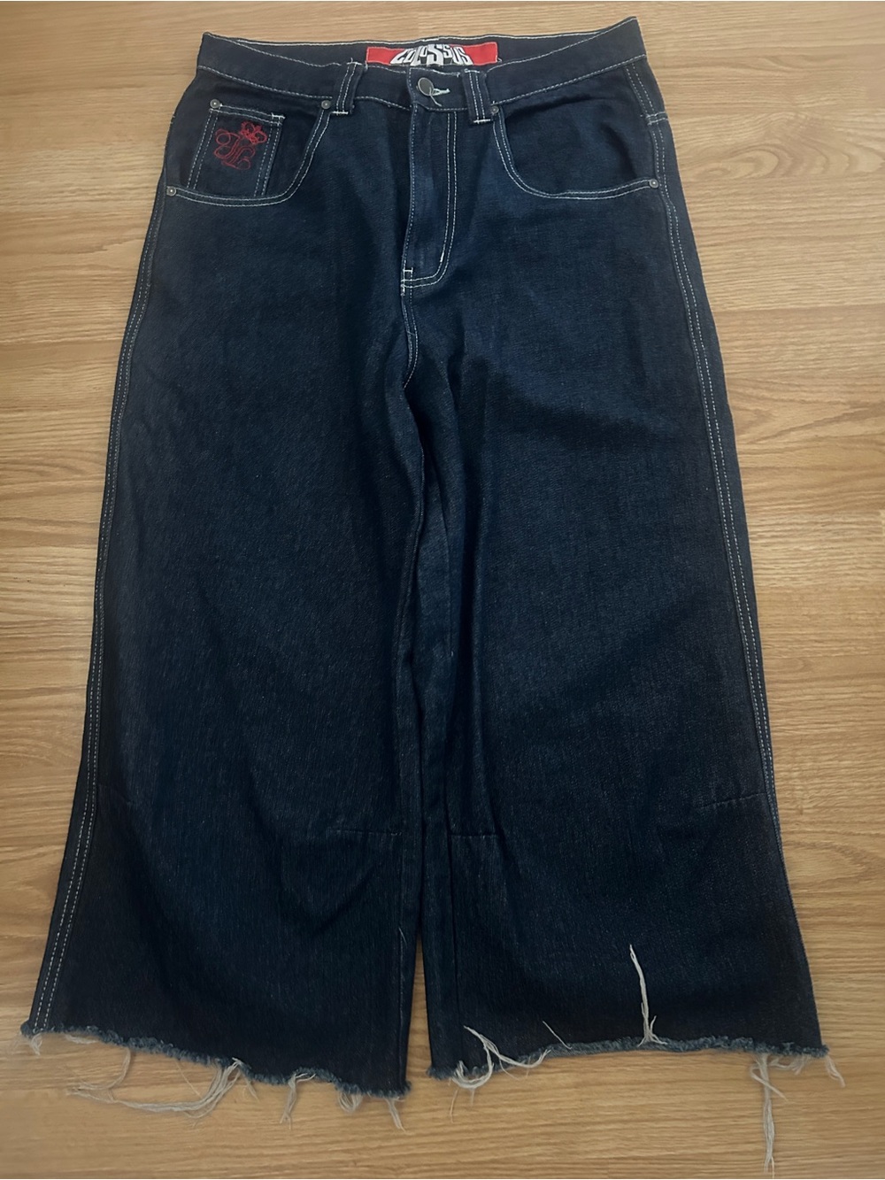 Jaded London Dark Blue Men’s Bootcut Jeans with Frayed Hem